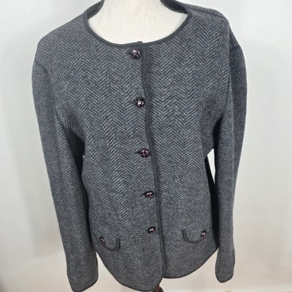 Lands End Women's Herringbone Wool Wooden  Button Front Cardigan Sweater Size 12